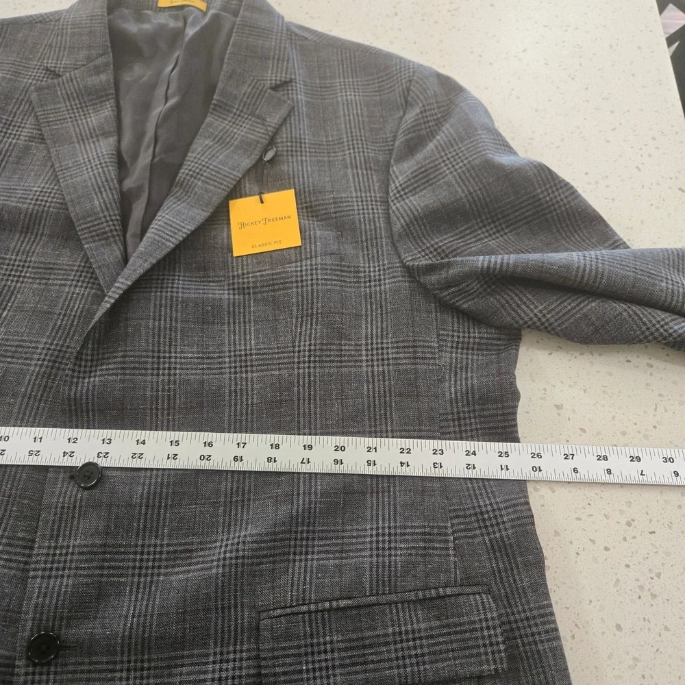 Hickey Freeman Blazer Mens 52R Grey Plaid Wool Silk Linen Classic Fit Sport Coat
